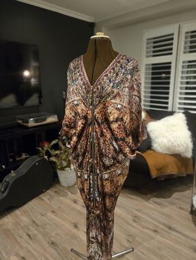 Camilla 100% Silk Embellished Brown Multi-Print Maxi Kaftan